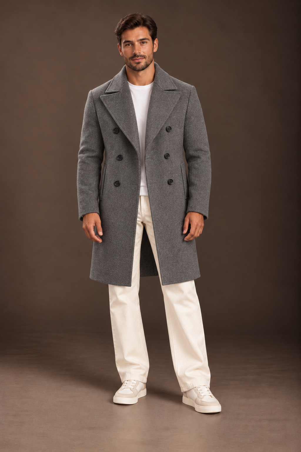 Fall Winter Men Woolen Coat Double Breasted Long
