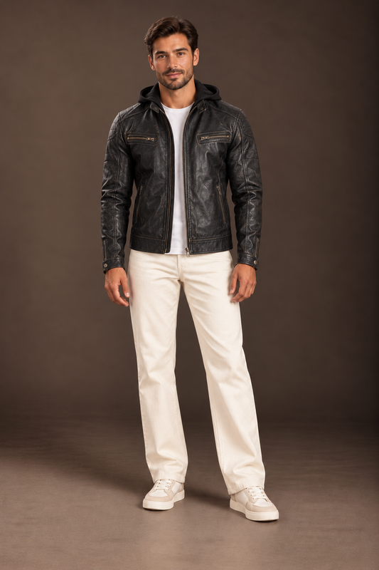Hector Hooded Leather Biker Jacket