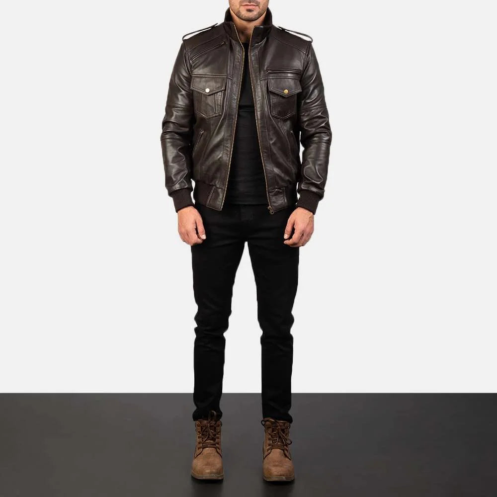 Agent Shadow Leather Bomber Jacket