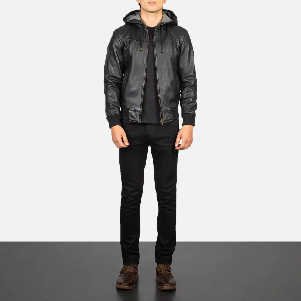 Nintenzo Hooded Leather Bomber Jacket